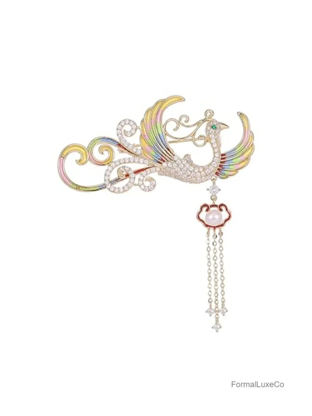 14K Gold Phoenix Brooch with Moissanite & Gemstones, Luxury Pin for Women
